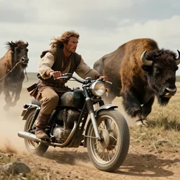 an ancient tribesman driving an ancient motorcycle,  hunting bisons ,attacking, chase, action scene, an epic fantasy, dramatic lighting, cinematic, establishing shot, extremely high detail, photorealistic, cinematic lighting, artstation, octane render, western,old photo, vintage