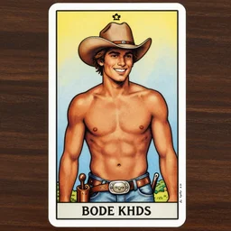 a beautiful tarot card of a handsome shirtless smirking cowboy wearing a cowboy hat with a chunky build, hairy chest, and beer belly next to a campfire | homoerotic! | art deco!, art nouveau | by Walter Crane, by Mark Maggiori | trending on artstation