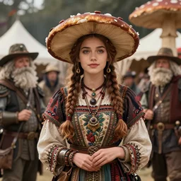 detailed ultrarealistic photography front medium shot of dnd fantasy festival ethnic rustic mushroom emma girl warrior leyendecker, norman rockwell, greg rutkowski, jim henson artstation cinematic, vray game of thrones