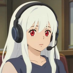 a film still portrait of a white long hair red eyed young cute girl wearing a headset in a room interior, closeup, perfect art, gapmoe yandere, trending on pixiv fanbox, painted by makoto shinkai takashi takeuchi studio ghibli