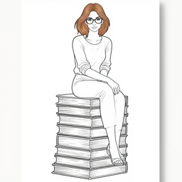 clean line art of a woman with light brown hair and glasses sitting on top of a tall pile of books. well composed, clean coloring book page, beautiful detailed face. coloring book line art by johanna basford and alphonse mucha