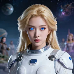 studio portrait of an absurdly beautiful divine celestial japanese female goddess with blonde hair and glowing royal blue eyes in luxurious space suit in a scenic multiversal environment by james jean, amano yoshitaka, marc simonetti, jean giraud, martine johanna, josan gonzalez, peter mohrbacher, smooth, sharp focus, octane render, face anatomy, masterpiece