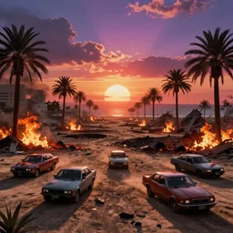 cars wide shot epic post apocalyptic landscape wasteland miami desert fire craters natural disasters miami beach sunset fucked up palm trees landscape on fire 80s retrowave