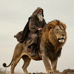 a man riding a lion : : a hooded wise old man ( long white beard wearing a brown hooded tunic ) riding a lion, majestic, epic digital art, cinematic, trending on artstation, superb detail 8 k, wide - angle, masterpiece