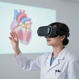 photo of medical student wearing VR headset looking at a projection of a heart, 24mm sigma lens, studio lighting