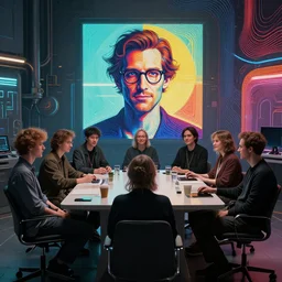a group of people sitting around a table in a room, man with glasses smiling at the camera, a character portrait by svend rasmussen svendsen, pexels contest winner, de stijl, quantum wavetracing, unreal engine 5, ray tracing, cyberpunk art by rube goldberg, cgsociety, computer art, dystopian art, reimagined by industrial light and magic, concept