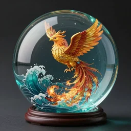 glass ball with a phoenix rising from the ashes splitting an ocean inside, studio ghibili, path traced, octane render, highly detailed, high quality, artgerm, hd, alphonse mucha, tom bagshaw