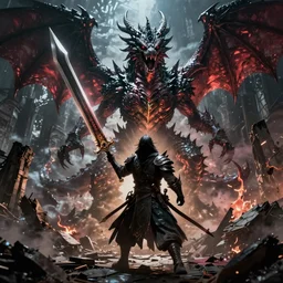 Concept art of a dragon slayer, approaching a sentinel dragon wielding a mythical blade in the abandoned ruins, sharp, high detail, contrast between darkness and light, good versus evil, cinematic lighting, vibrant colors, photorealism, terror, hysterical, horrifying, digital art, destruction, the void, ominous, octane render, fear, very detailed, evil, trending on artstation, intricate details, high definition, 16k, Artstation, Dark Souls by WLOP