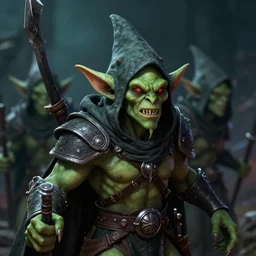 night goblin wearing pointy hoods, warhammer fantasy, green skin