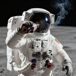 a high detail shot of astronaut  drinking a bottle cola on the moon , smoking, Unreal engine,