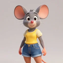 3 d render, portrait, upper body shot, mid shot, anthropomorphic mouse, female, wearing denim short shorts and a off yellow tank top shirt, in the style of disney's robben hood