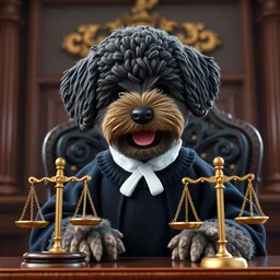 a closeup photorealistic illustration of a smiling knitted bernedoodle judge puppy dressed in a black gown, presiding over the courthouse. gavel and scales of justice. this 4 k hd image is trending on artstation, featured on behance, well - rendered, extra crisp, features intricate detail, epic composition and the style of unreal engine.