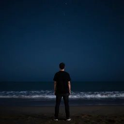 A man stand alone, infront of a beach, beautiful night sky, stars, dark