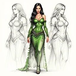 symmetrical concpet art, full shot, traditional ink, sketch, of megan fox as poison ivy, line sketch, intricate, elegant, highly detailed, monochrome, digital painting, artstation, concept art, green, black, red ink sharp focus, illustration, art by borderlands 3 and peter polach