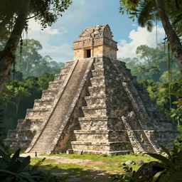 a cinematic view of the beautiful ruins of a futuristic mayan temple in the jungle of yucatan, art by federico pelat and greg rutkowski and alejandro burdisio