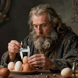 Pensive Wizard examines eggs with calipers, by Alex Horley