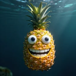 a single delicious pineapple with two big eyes and a big grin floating underwater, digital art, concept art, trending on DeviantArt, trending on Artstation, high quality, 8K HDR, octane render, unreal engine 5, path tracing, dramatic lighting, cinematic, highly detailed, medium shot