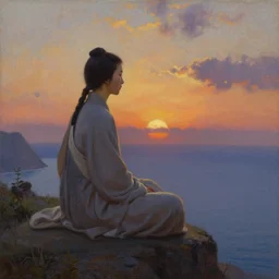 a stunning painting of a female zen monk on a seaside mountain overlook at sunset, by thomas kinkade and john atkinson grimshaw, matte painting, moody palette
