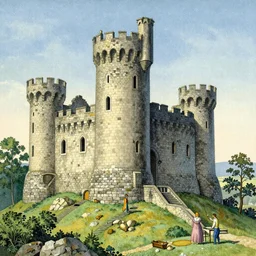A beautifully detailed medieval print of a ruined castle of stone, inspired by Ivan Bilibin. full color scheme