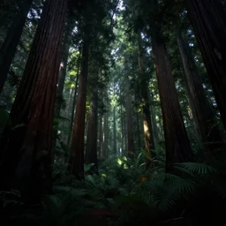 numerous redwood trees faintly glowing in dark night jungle, wide angle shot, fantasy digital art, highly detailed