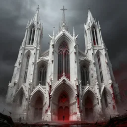 concept art of a white bone biopunk art nouveau cathedral, exterior architecture, sharp focus, hyper detailed, hyperrealism, volumetric, by daytoner daniel hahn, darksynth, outrun, vaporware, blood red, unreal engine 5, ominous, misty, dramatic lighting, cinematic, creepy, 8 k