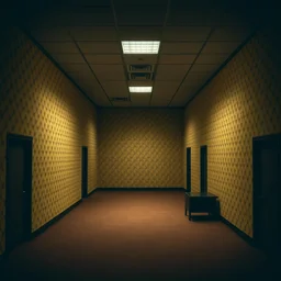 dark lights out blackout scary empty 9 0 s office building with no windows doors or furniture the building has brown carpet and yellow wallpaper