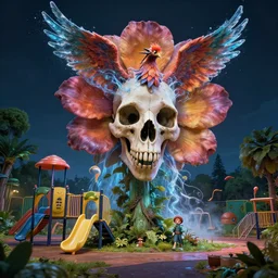 by kay nielsen and adam paquette, visually stunning, cinematic, ultra realistic, hyper realism, 1 2 k, epic, octane render, unreal engine, vfx, maya, jellyfish face skull phoenix bird : smoke and water energy flow, giant flower as head : a post - apocalyptic kid's playground at night covered by nature