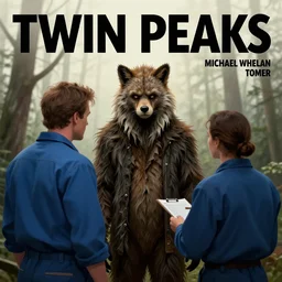 Twin Peaks poster art, of Michael Shannon the mechanic discovering a man dressed as a Furry in the woods, mysterious creepy, poster artwork by Michael Whelan, Bob Larkin and Tomer Hanuka, from scene from Twin Peaks, simple illustration, domestic, nostalgic, from scene from Twin Peaks, clean, full of details, by Makoto Shinkai and thomas kinkade, Matte painting, trending on artstation and unreal engine, super clean, fine detail, cell shaded,