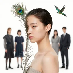 pretty model with peacock feather and bird : : by martine johanna and simon stalenhag and chie yoshii and casey weldon and wlop : : ornate, dynamic, particulate, rich colors, intricate, elegant, highly detailed, vogue, harper's bazaar art, fashion magazine, smooth, sharp focus, 8 k, octane render
