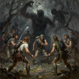 a party of adventurers being attacked by living shadows, oil painting, greg rutkowski