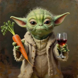 old oil painting of a yoda holding a carrot in one hand an a glass of wine in the other, trending on artstation