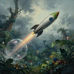 hyperrealist painting of a pot leaf rocketing out of a bubble from howl's moving castle ( 2 0 0 4 ) in the sky high above the jungle. moody, misty, depth perception.