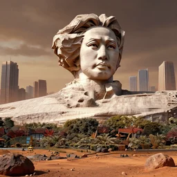 a sculpture of mao zedong's sculpture in cyberfunkcity on mars a made of rocks by lodovico di leonardo buonarroti di simoni, highly detailed, hyperrealism, digital art, artstation, concept art, detailed and intricate environment, ultra wide shot