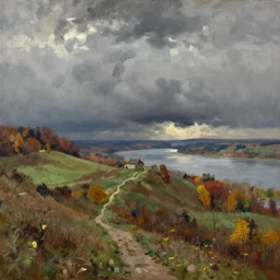painting by sargent and leyendecker and greg hildebrandt savrasov levitan late autumn epic sky overcast, hills fields forests a grey dark day low thunder clouds foothpath at, wide river and lake, horizon tiny old house on top of hill view from above
