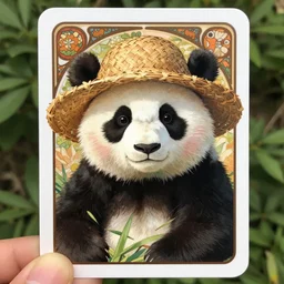 cute panda wearing straw hat trading card design, natural lighting, path traced, highly detailed, high quality, digital painting, by don bluth and ross tran and studio ghibli and alphonse mucha, artgerm