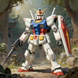 kawaii, dynamic brush strokes, linear gamma, dynamic, natural light, costume design made gundam, sophisticated composition, old masters light composition, procedural, epic cat posing conceptart, beautiful ancient garden behind, substancedesigner, pbr, ultra detailed, hyperrealistic, megascans, volumetric light, concept master, painttoolsai, final, gain