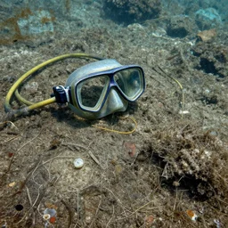 variegated rocky sea floor glimmering thin contours mixed media aged fresco, abandoned scuba visor