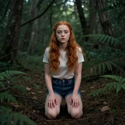 Sadie Sink (Maxine Mayfield) from Stranger Things kneeling in a forest looking straight ahead, hq, coloured hq