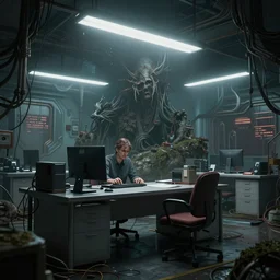 office, horror scene, fluorescent lighting, eerie volumetric lighting, futuristic atmosphere, intricate, detailed, photorealistic imagery, artstation, by Evgeny Lushpin