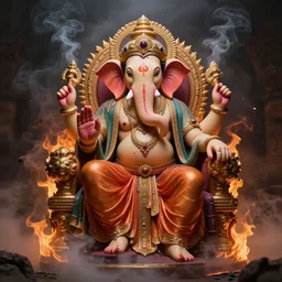 Ultra realistic digital artwork of ganesha sitting in a perfect baphomet pose on a burning throne with smoke and ash floating away, improboble ammouunts of detail and accuracy, biblical art style, mana art, prophetic art, ultra detailed, high coherency, DSLR HDR 8k, by Simon Wong of Artstation