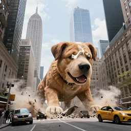 photo of a giant dog destroying new york city