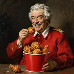 Colonel Sanders eating fried chicken out of a red bucket. Painted by Caravaggio, high detail
