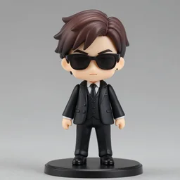 nendoroid man with black suit, crowley from good omens, good omens tv series, marron short hair, sunglasses, david tennant, product photography