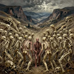 prophecy, amazing concept painting by Jessica Rossier and HR giger and Beksinski, the middle of a valley, it was full of bones,  bones that were very dry, there was a noise, a rattling sound, and the bones came together, bone to bone , I looked, and tendons and flesh appeared on them and skin covered them, but there was no breath in them and breath entered them, they came to life and stood up on their feet a vast army