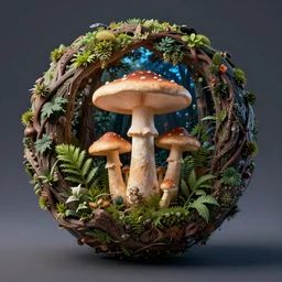 5 cm macro photo of mushroom growing in a spheroid forest, 3d render, nightlight Study, by Jan Davidsz de Heem and Lisa Frank, Art Nouveau, 8k, extreme detail, sharp focus, cinema 4d render
