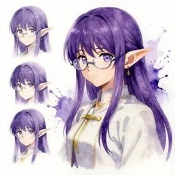 detailed anime illustration of an elf, watercolour, violet paint splash, girl with glasses, 4 k concept art, artstation