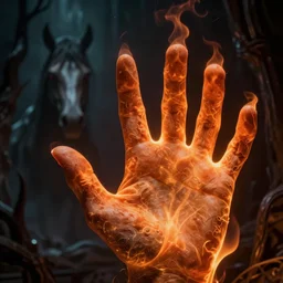 the flamehand of the horse sanctuary,in the style of Vincent DiFate and Ron Miller and Edd Cartier,trending on artstation, bioluminescent lighting macro view,trending on instagram,Nosferatu ,Lovecraftian ,fantasy artist,brutalism ,