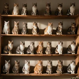 Shelves lined with Cats, texture, view from front