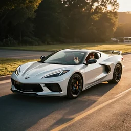 corvette with cats sitting in and on the car, cinematic, golden hour, shadows, wide shot