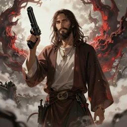 jesus in an anime style between heaven and hell holding a gun , badass, highly detailed
